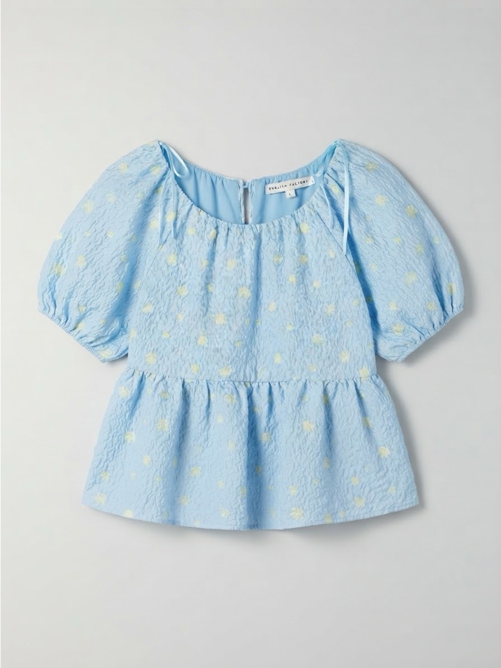English Factory Light Blue Puff-Sleeve Peplum Top with Pale Yellow Dots